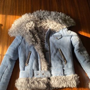 Sandy Liang Blue Suede Shearling Jacket Size Small